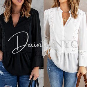 White Lace Applique Ruffle Hemline V Neck Blouse